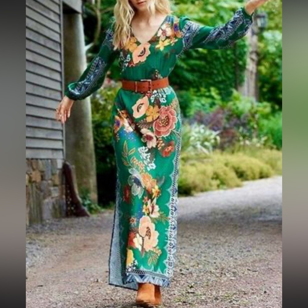 Anthropologie Green Floral Long Sleeve Dress